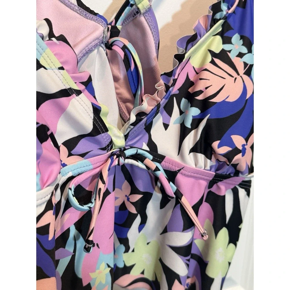 Decree Tropical Floral Ruffle Halter Bikini Swim Top‎ Crop Tankini Women XL